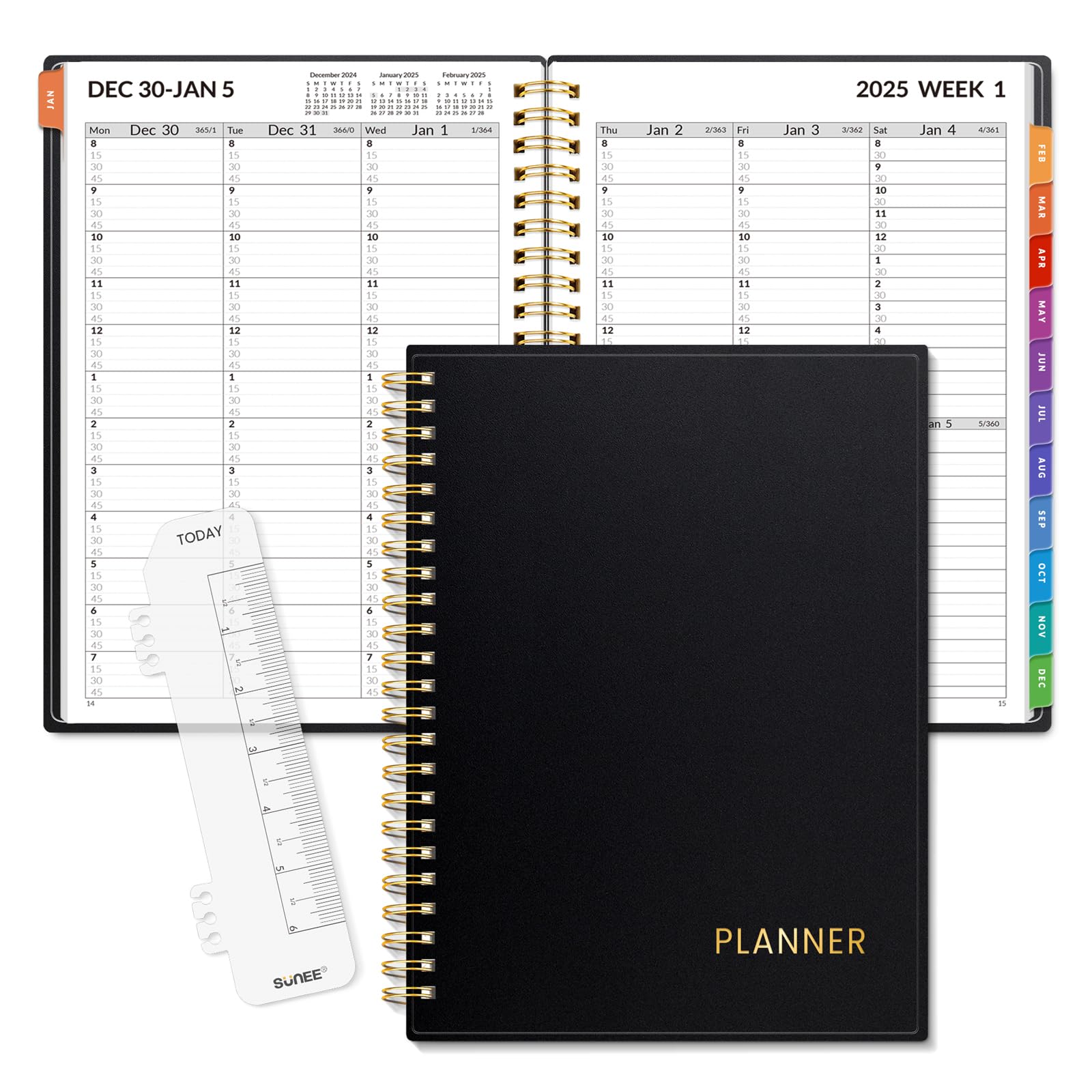 Photo 1 of SUNEE 2025 Appointment Book, Quarter-Hourly, Weekly & Monthly - from January 2025 - December 2025, 6.4"x8.3" Weekly Planner, Flexible Cover, Note Pages, Pockets, Bookmark, Spiral Binding, Black