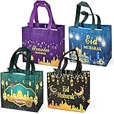 Aviski 4PCS Eid Mubarak Reusable Gift Bags, Treat Bags with Handles, Ramadan Mubarak Party Bags, Multifunctional Non-Woven Eid Bags for Gifts Wrapping, Ramadan Kareem Party Supplies, 9.2"×8.7"×4.3"