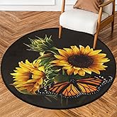 Butterfly Sunflower Round Area Rug, Sunflower Pattern Non-Slip Circle Rug for Bedroom Living Room Outdoor Study Playing Floor