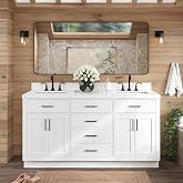 ARIEL Hepburn 66-inch Bathroom Vanity with Sink,Solid Wood, 1.5-inch Carrara White Quartz Countertop &amp; Backsplash, Double Rectangular Porcelain Sink, 4 Soft Closing Doors, 6 Dovetail Drawers, White