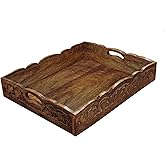 Hand Carved Wooden Serving Tray - Decorative Breakfast Tray with Handles - Rustic Wooden Food Tray with Intricate Detail - Unique Furnishing Accent - Natural Finish - 17 x 13 x 2.5 Inch - COTTON CRAFT