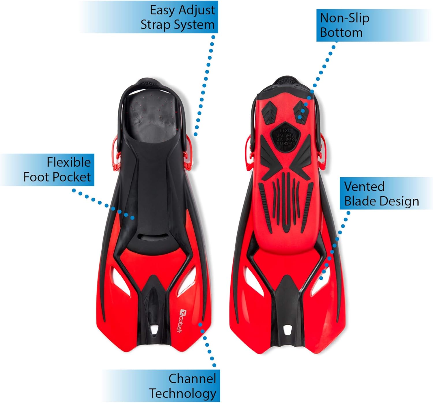 Cobalt Cabo Adjustable Snorkel Fins - Travel Ready Compact Fins for Snorkeling, Swimming and Scuba Diving. Comfort and Performance in Kids and Adult Sizing. : Sports & Outdoors
