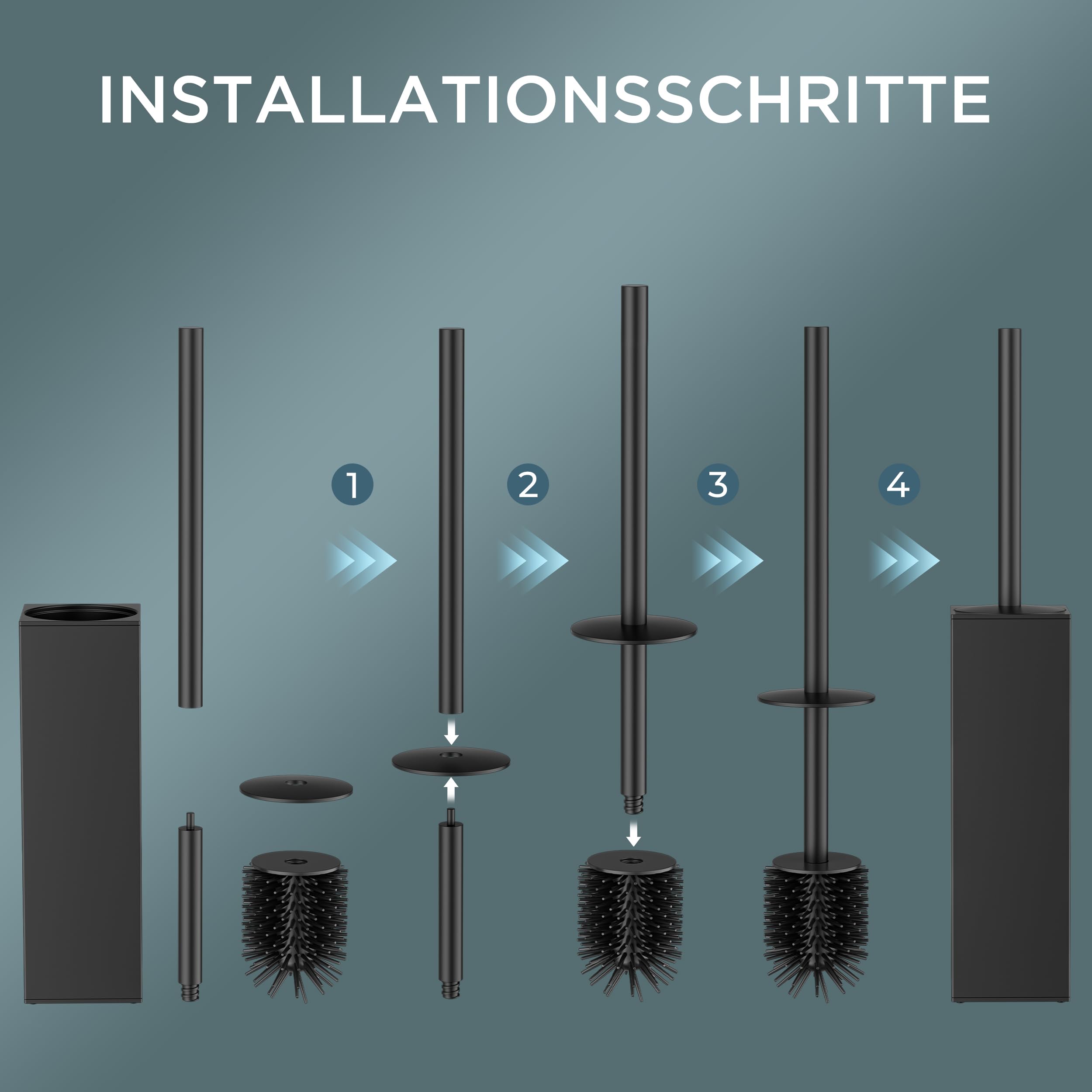 FORIOUS Silikon Toilettenbürste aus Edelstahl, 50 cm Extra Langer Griff, Anti-Spritz Design, Inkl. Ersatzkopf & Abnehmbarem Innenbecher – Saubere, Hygienische WC Bürste/Klobürste Schwarz für Bad 7