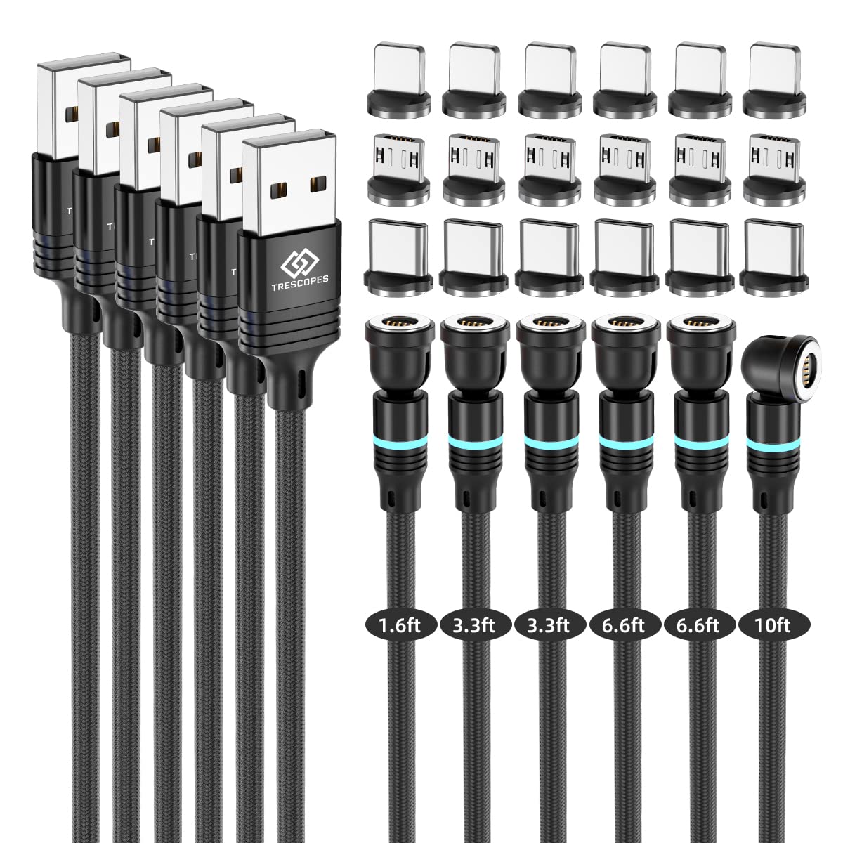 Trescopes Magnetic Fast Charging Cable [6 Pack] 540° Rotating Heads. Phone Charger and Data Transfer. Compatible for Micro USB, Type C and all Smartphones, USB C