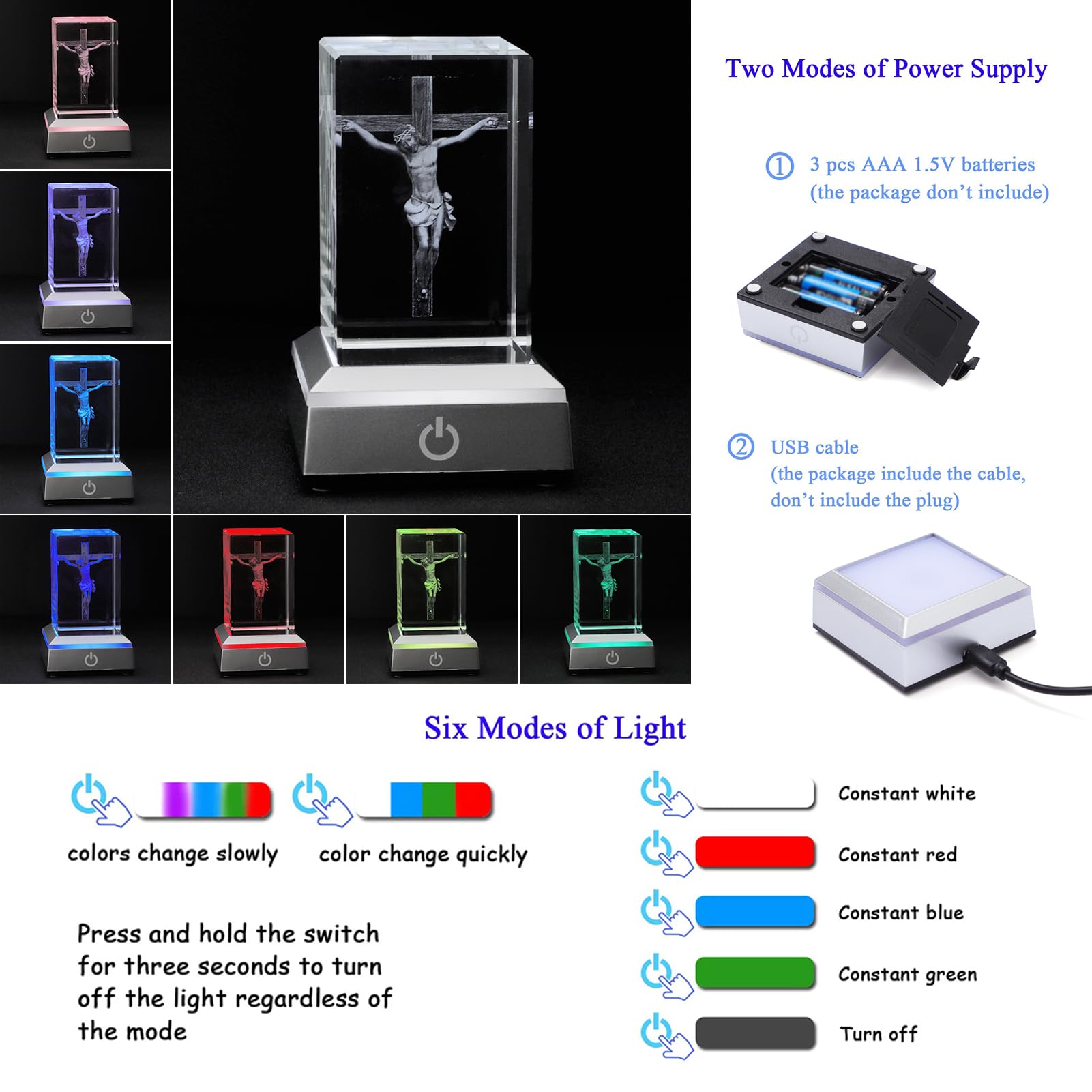 KOMI 3D Crystal Jesus Figurine Statue with LED Light Base, Laser Engraved Jesus Crucifix Statues Religious Gifts for Women Men, Night Light for Bedroom, Christian Catholic Home Decor
