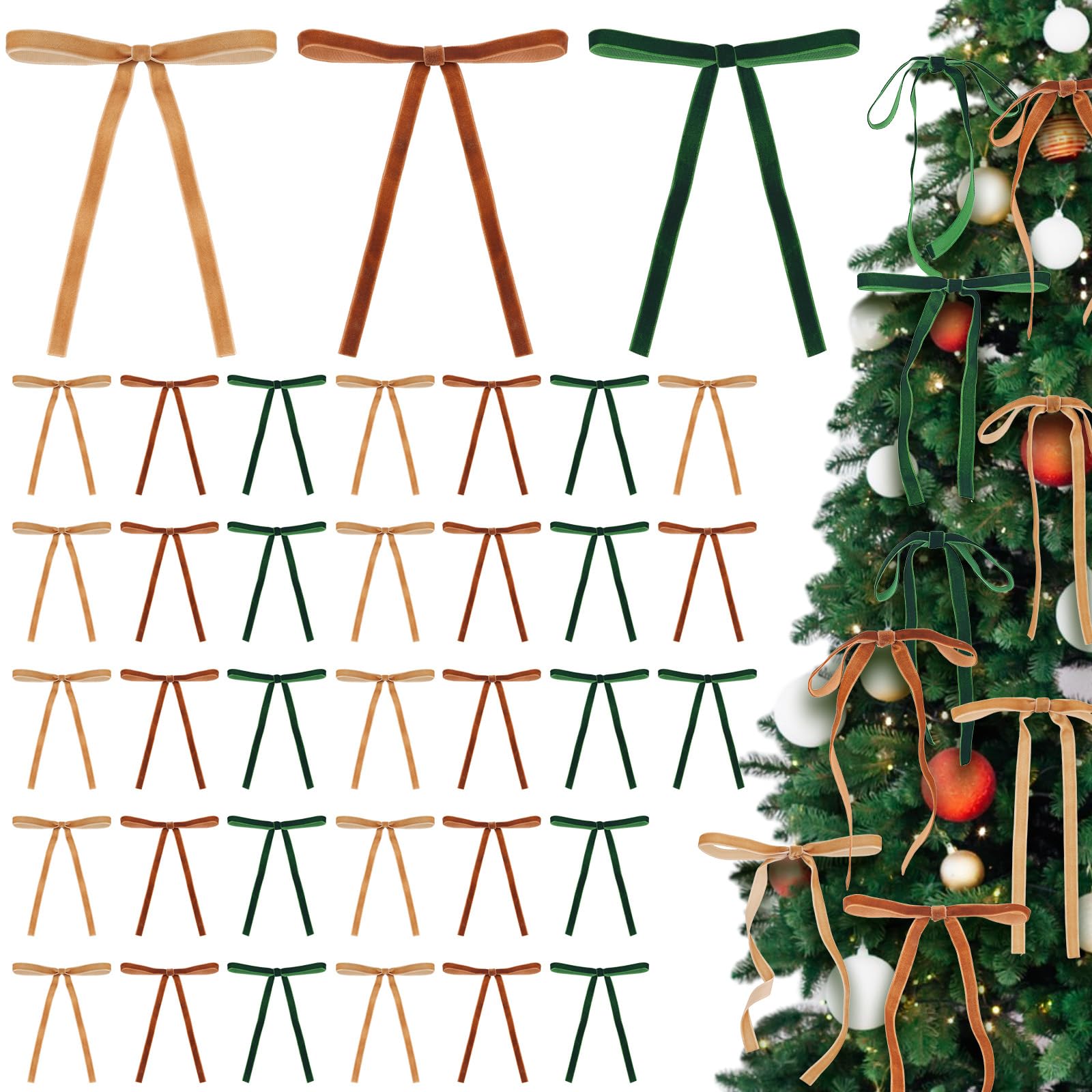 Photo 1 of 36 PCS Velvet Bows Christmas Tree Ornaments 3/8 Inch Rustic Crafts Gift Vintage Velvet Ribbon Wreath Bows for Home Indoor Outdoor Decoration (36, Brown, Dark Green, Beige)