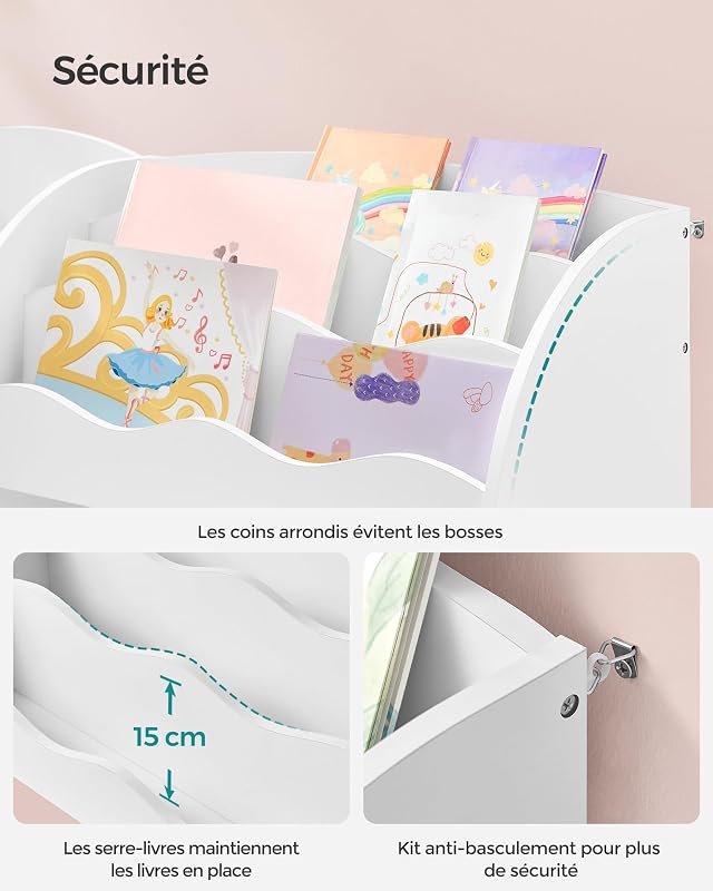 Étagère de Rangement pour Enfants, Bibliothèque, pour Livres et Jouets, Organisateur avec 2 Boîtes de Rangement, pour Salle de Jeux, Chambre d’Enfants, Salon, Blanc Nuage GKR042W01