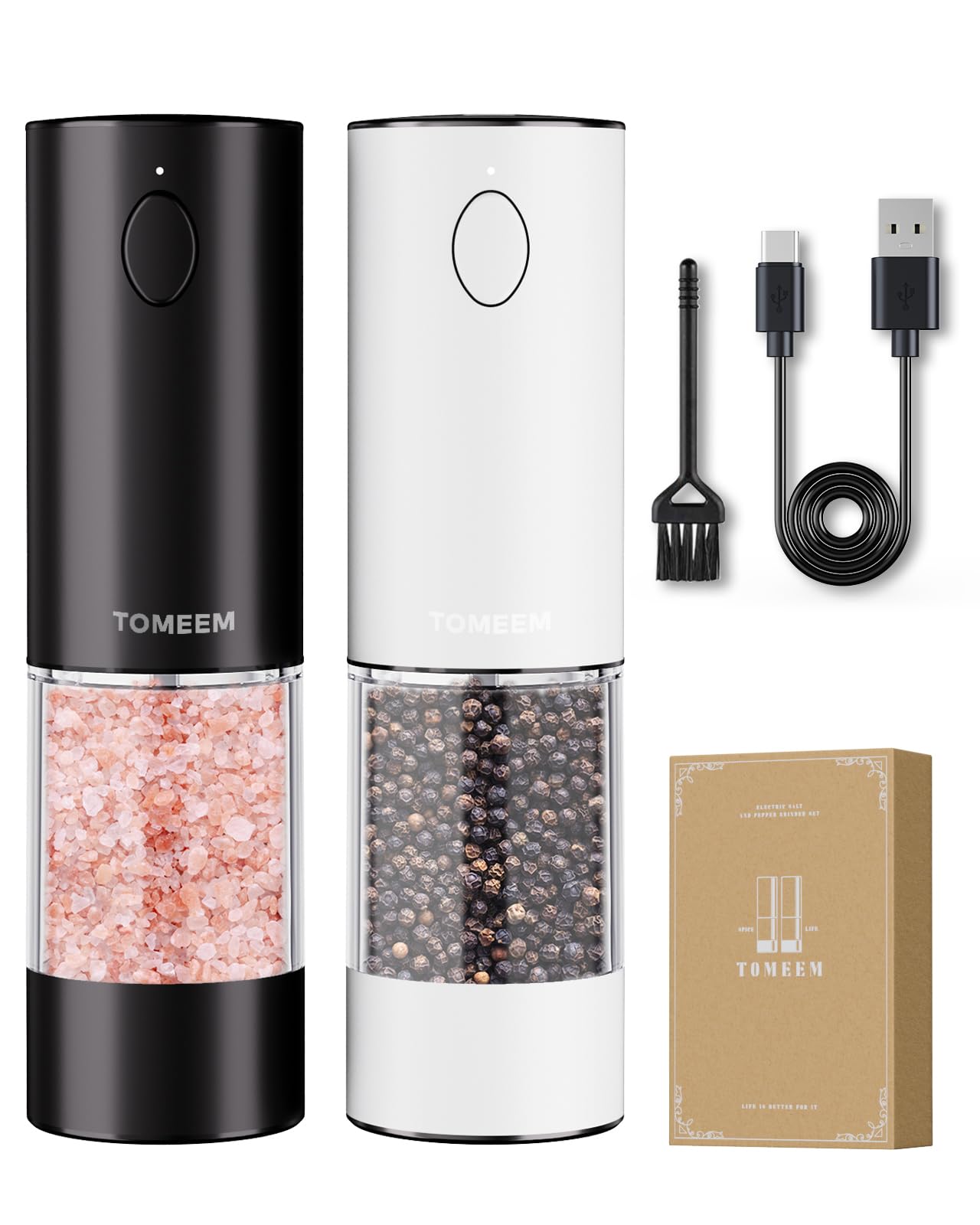 Upgraded Larger Capacity Electric Salt and Pepper Grinder Set Rechargeable with LED lights, Stainless Steel Automatic Pepper and Salt Grinder Refillable with 5 Adjustable Coarseness Black - White Image