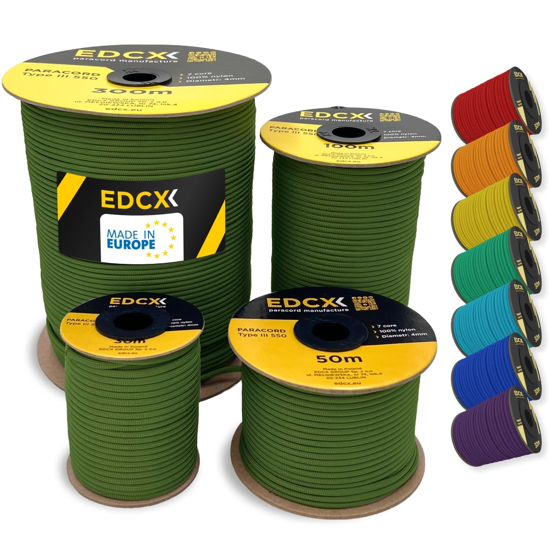 EDCX 4mm Nylon Paracord 550 30m (100 feet) | Ideal for Camping, Survival, Outdoor, Crafting, DIY | 100% Nylon Rope 4mm | Paracord 550 Type III in Solid Color (Moss, 30 m)