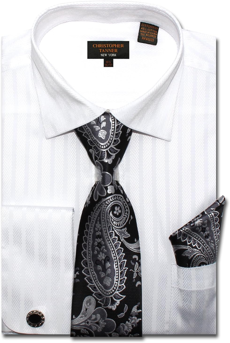 Christopher Tanner Men's Regular Fit Dress Shirts with Tie Hankerchief Cufflinks Combo Herringbone Stripe Pattern 16.5" Neck 34/35" Sleeve White