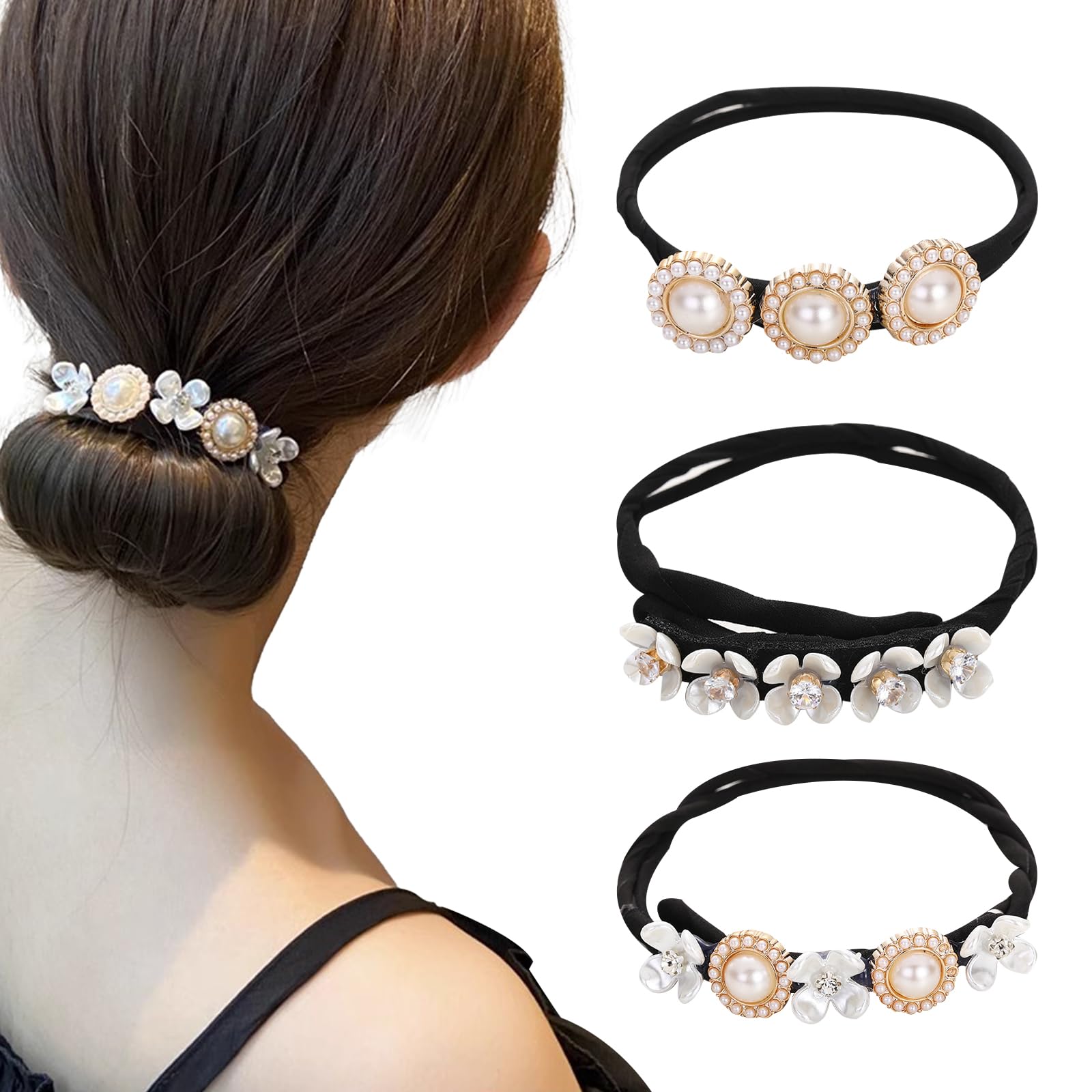 KASESSS 3 PCS Hair Bun Maker Reusable, Bun Makers for Hair Quick, Hair Foam Twister Flexible, Messy Bun Maker Flowers and Pearls, Hair Accessories for Women Bun Maker for Girls Women Gifts