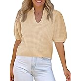 Saodimallsu Womens Puff Short Sleeve Sweater Top Waffle Knit V Neck Spring Summer Cropped Trendy Cute Shirts Blouses