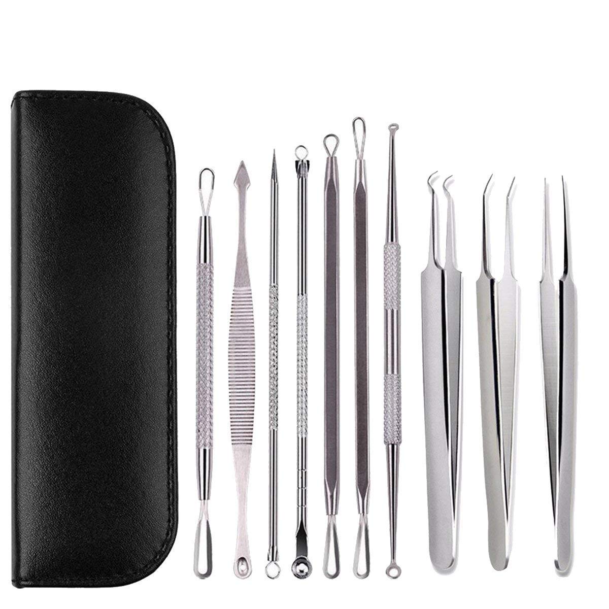 Blackhead Remover Tool Kit, Gasea 10 PCS Professional Stainless Steel Pimple Popper Comedone Extractor Tools for Removing Pimples, Blackheads, Zit on Face - Acne Removal Kit with Leather Case