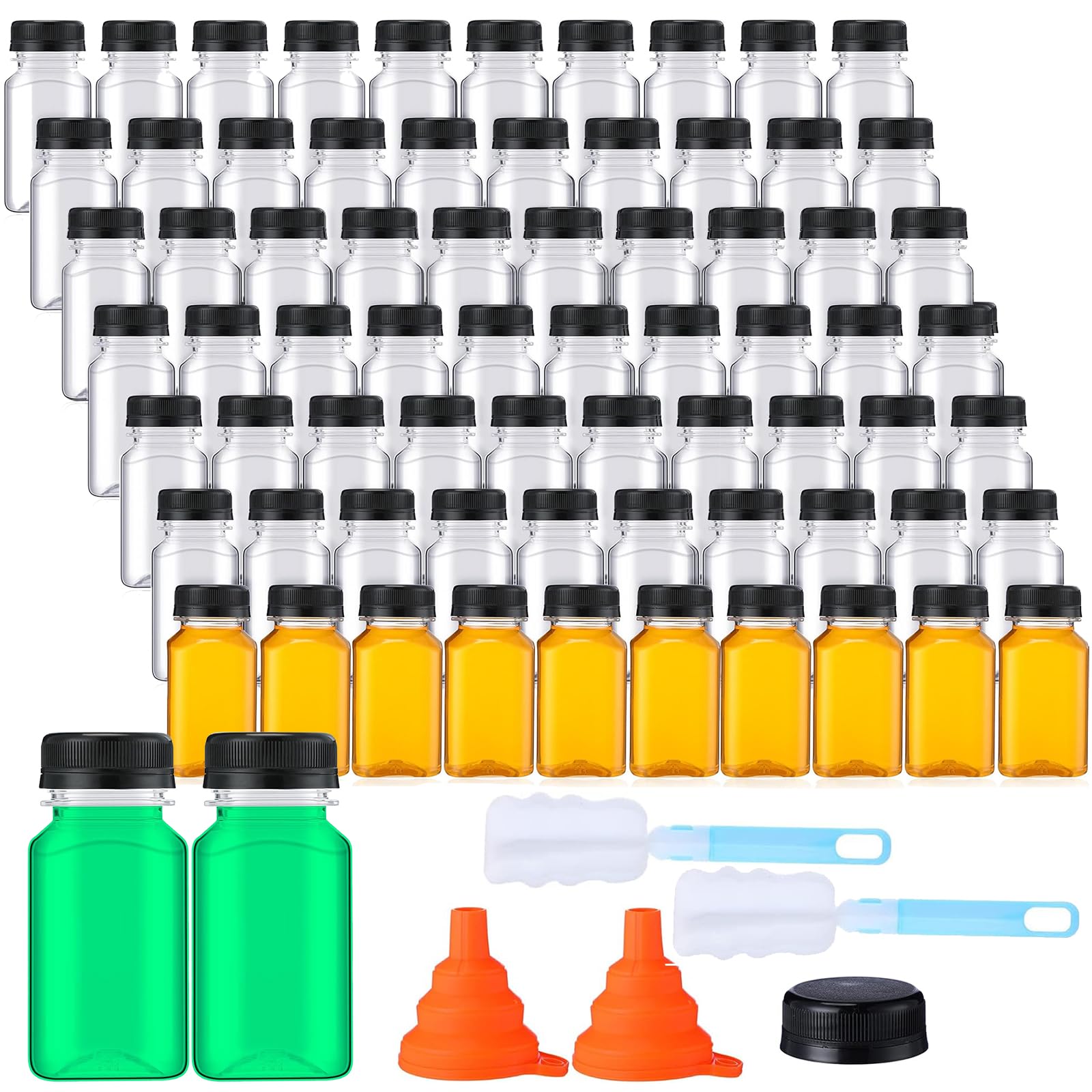 Photo 1 of Nuogo 36 Pack 5 oz Plastic Juice Bottles Bulk with Lids Reusable Transparent Clear Drink Containers Caps Mini Bulk Beverage Water Bottle with Funnel and Brush for Juicing Milk Drinking(Black Lid)