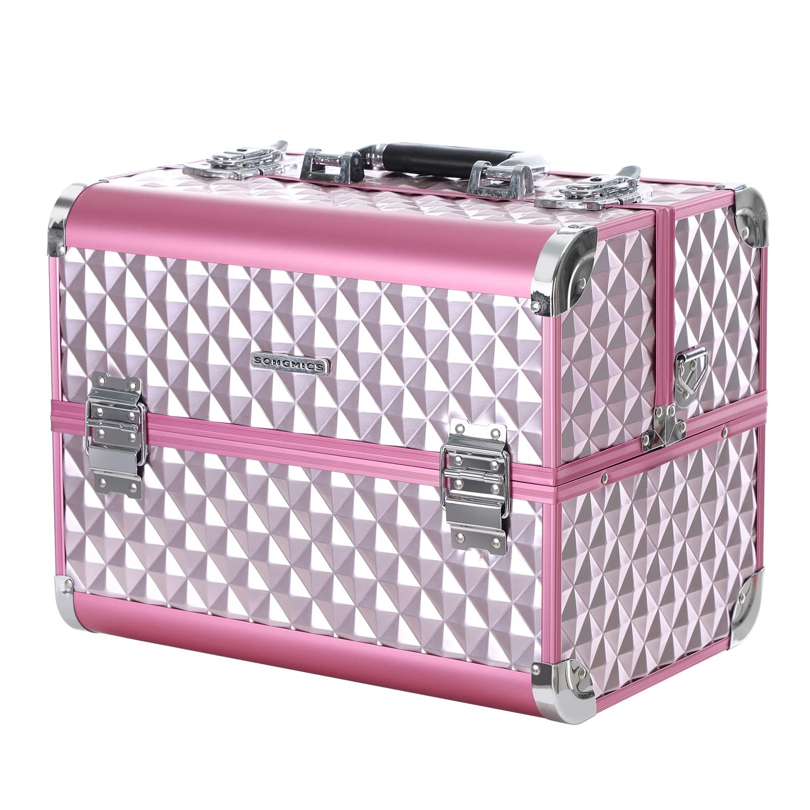 SONGMICS Silver Pink Cosmetic Case, with Diamond Pattern, for Makeup Artist, Large Travel Storage, for Jewellery Nail and Hair Accessories JBC319P