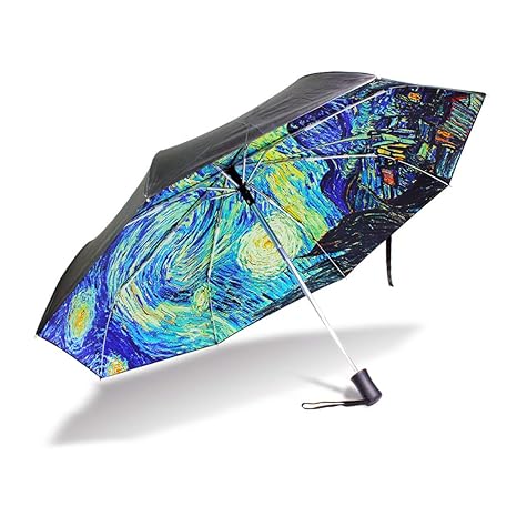 YZGO Outer Black Umbrella Painting Artwork Van Goghs Starry Night UV Anti Lightweight Parasol Elegant Reverse 3 Folding Drop Sturdy Umbrella Special Gifts for Business & Personal