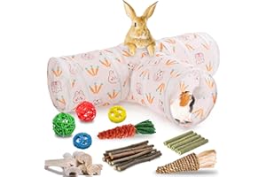 HERCOCCI Rabbit Toys, Bunny Tunnels & Tubes, Collapsible 3 Way Rabbit Hideout Tunnel with Chew Toys for Bunny Guinea Pig Ferret Kitten