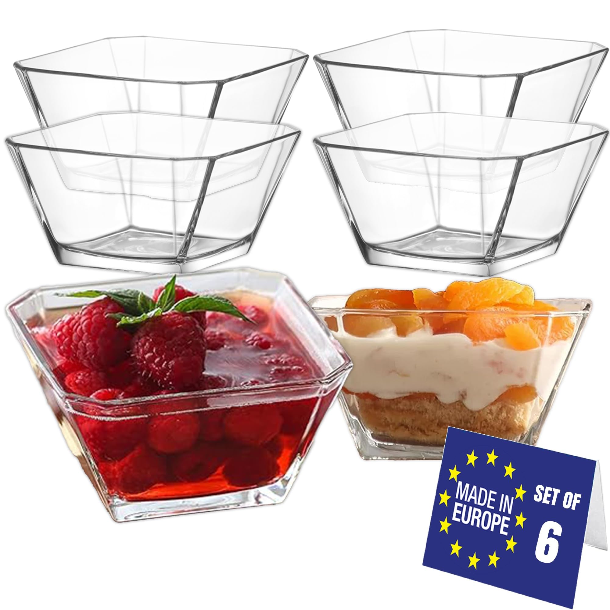 NORDIC SCHILLER Glass Dessert Bowls Set of 6, 300ml, 100% Lead Free Dishwasher Safe Stackable Glass Bowls, Salad Bowl, Pudding Bowls, Dessert Dishes, Sauce & Side Bowl