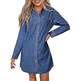 Sidefeel Women's Collared Denim Dress Casual Long Sleeve Button Down Jean Shirt Dresses with Pockets