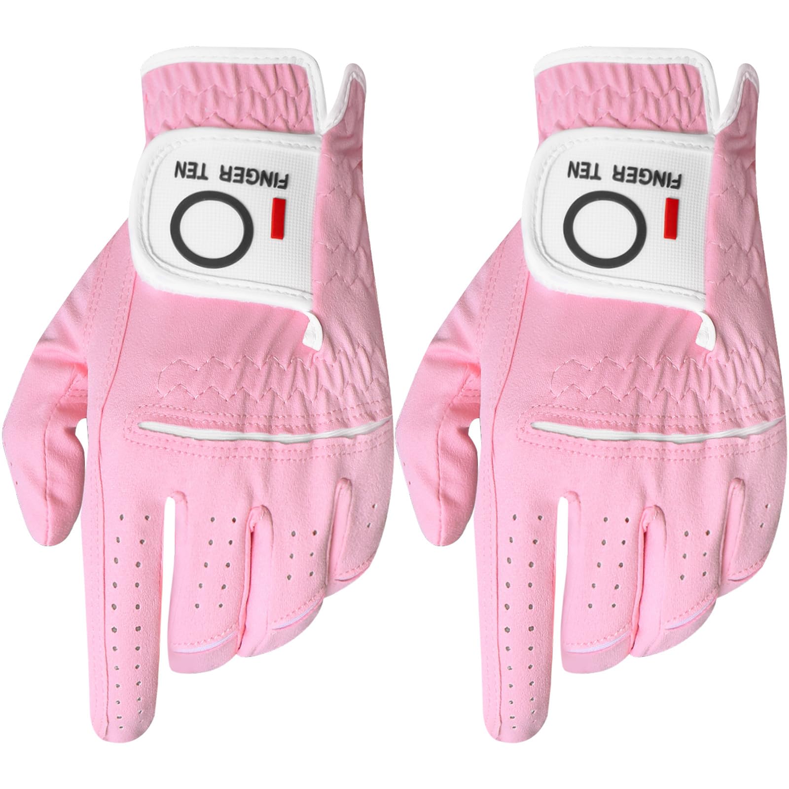 FINGER TEN Golf Gloves Ladies Right Hand All Weather Soft Rain Grip in Pair or 2 Pack, Women Golf Glove Flexible Wear Resistance for Perfect Swing (Pink,M(Worn on Left Hand))