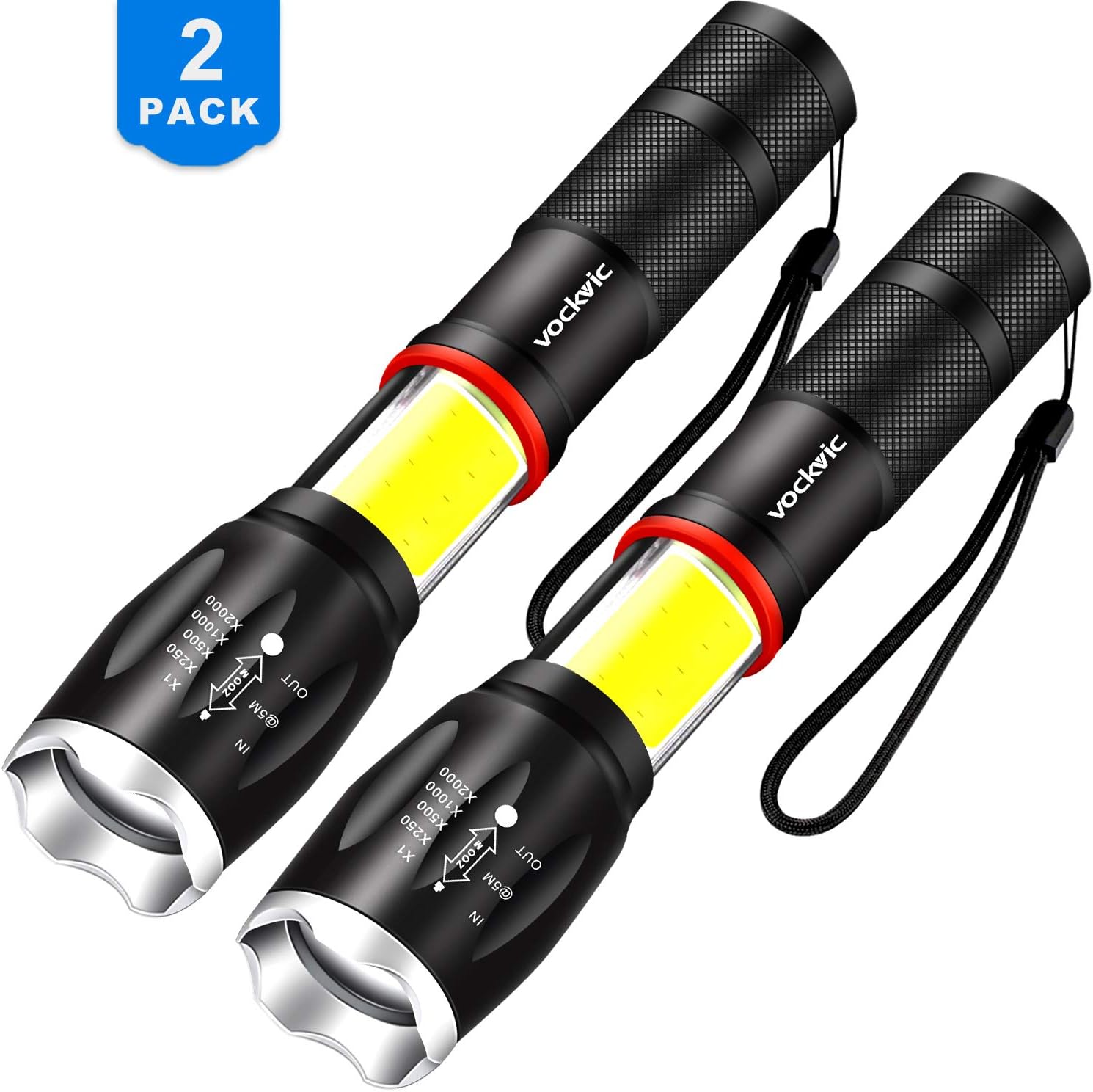 2 Pack Led Cree Torch, Vockvic Tactical Flashlight Super Bright 1000 Lumen COB Light 2 in 1 with Magnetic Base, 6 Light Modes Handheld Portable Powerful Torch for Camping Hiking Emergency