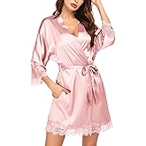 Ekouaer Womens Silk Robe Short Lace Trim Satin Robe 3/4 Sleeve Sexy Kimono Bride Bathrobe Comfy Sleepwear with Pockets