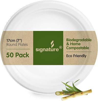 Signature Packaging 7in Round Paper Plates Bagasse 50 Pack Eco Friendly