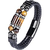 Mrcaois Mens Leather Turquoise/Tiger Eye/Obsidian/Lava Stone Bracelet–Braided Multi‑Layer Wristband Cuff Bangle Barcelet–Jewelry Box and Pouch Packing