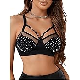 RoseSeek Women's Rhinestone Sheer Mesh Bras Cut Out Glitter Wireless Bralettes Every Day Bra