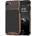 TENDLIN Compatible with iPhone SE 2022/SE 2020/8/7 Case Wood Grain Carbon Fiber Texture Design Leather Hybrid Slim Case Black