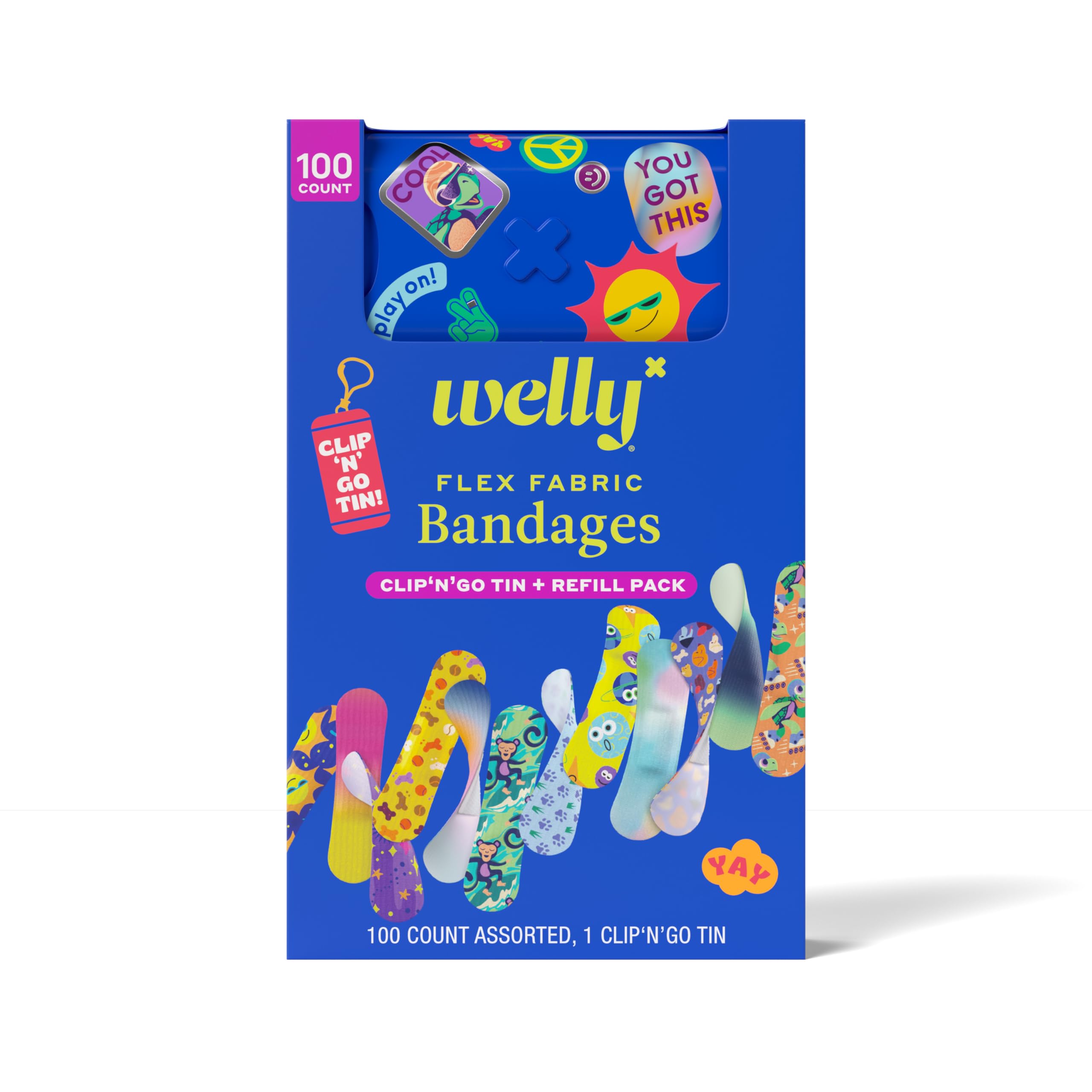 Photo 1 of Welly Bandage Clip N' Go Tin & Refill Pack | Adhesive Flexible Fabric Bandages and Tin | Assorted Shapes and Patterns for Minor Cuts, Scrapes, and Wounds - 100 Count