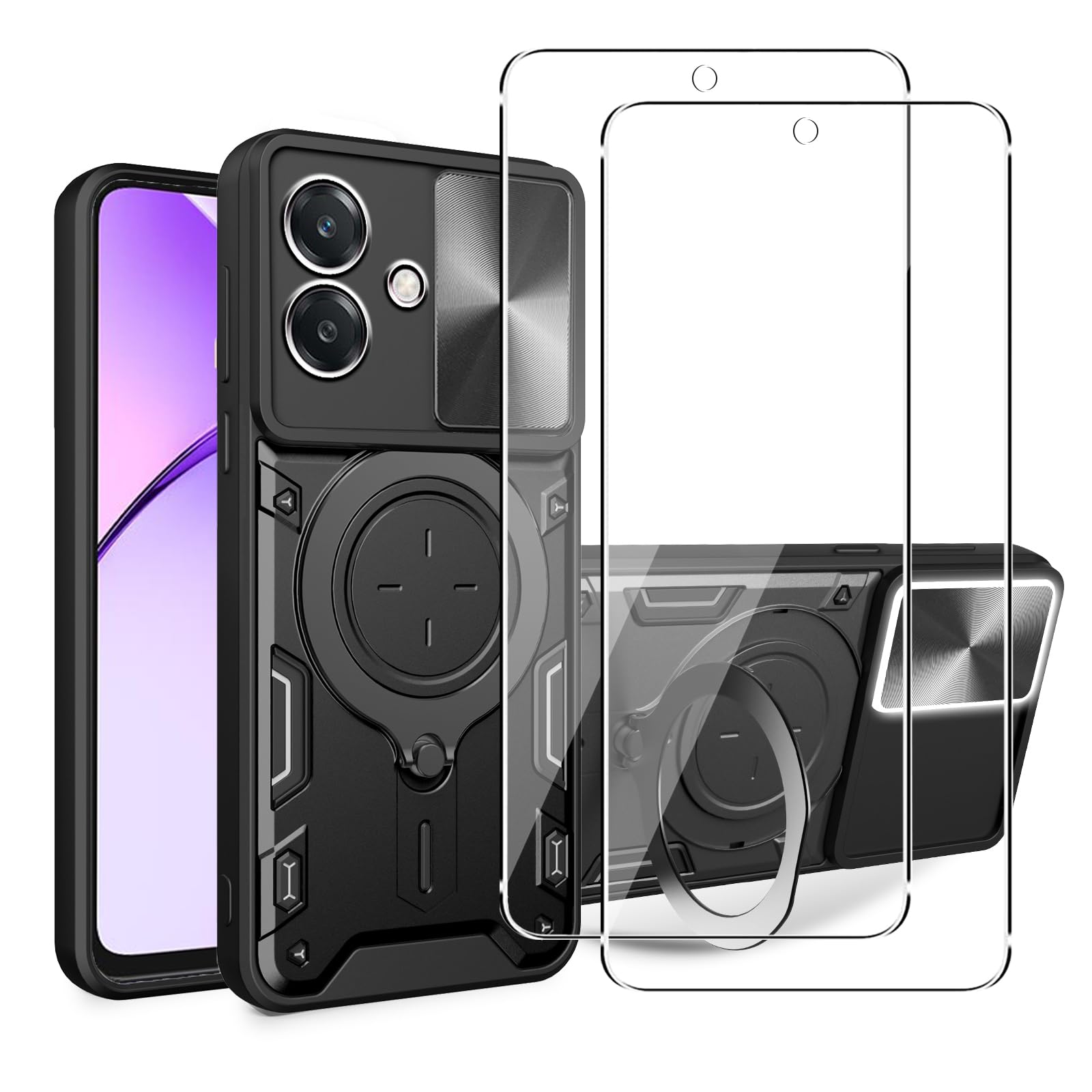 Case for OPPO A60 5G/A40 4G/A40m + 2 Pack Screen With Slide Camera Protection Cover,Magnetic Metal Ring Kickstand Shockproof Military Grade Heavy Duty Tough Cover,Black