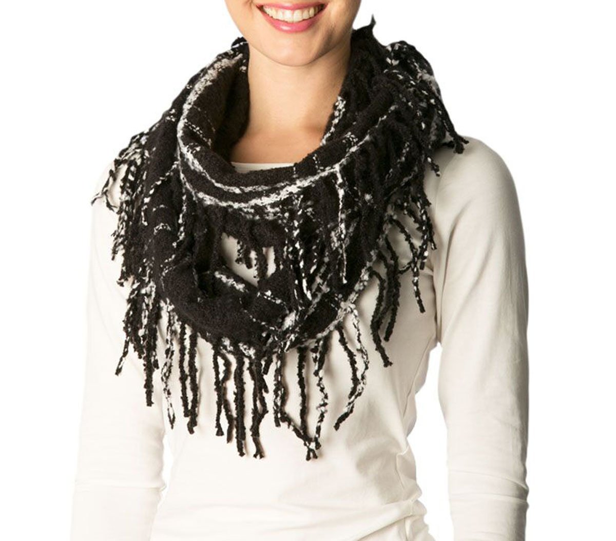 Apparelism Women's Winter Plaid Knitted Infinity Loop Scarf with PomPom Fringe Apparelism Women's Winter Plaid Knitted Infinity Loop Scarf with PomPom Fringe