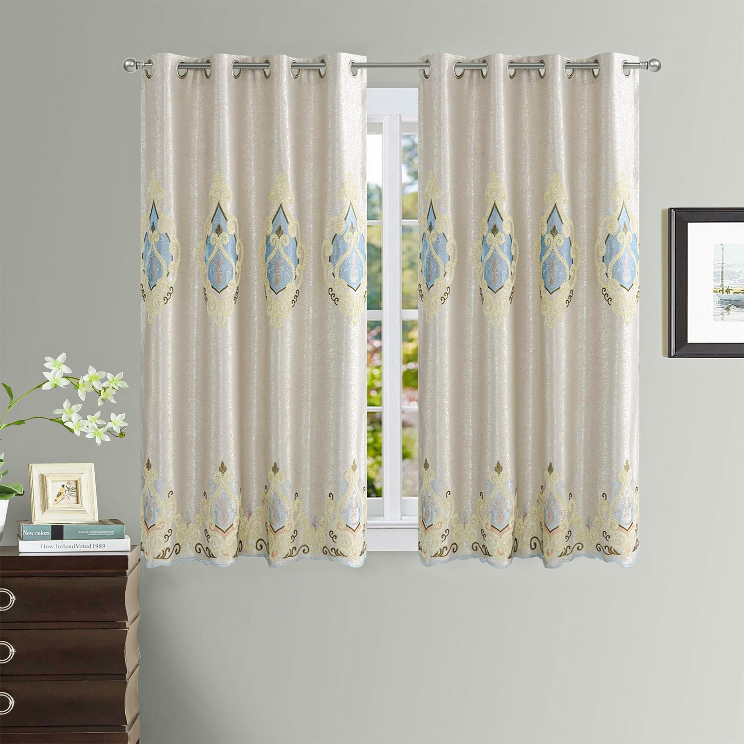 VOGOL Embroidery Curtains 63 inch Length Grommet Window Treatment Voile Panel Drape for Living Room Kichen, Two Panels, W42 x L63 inch