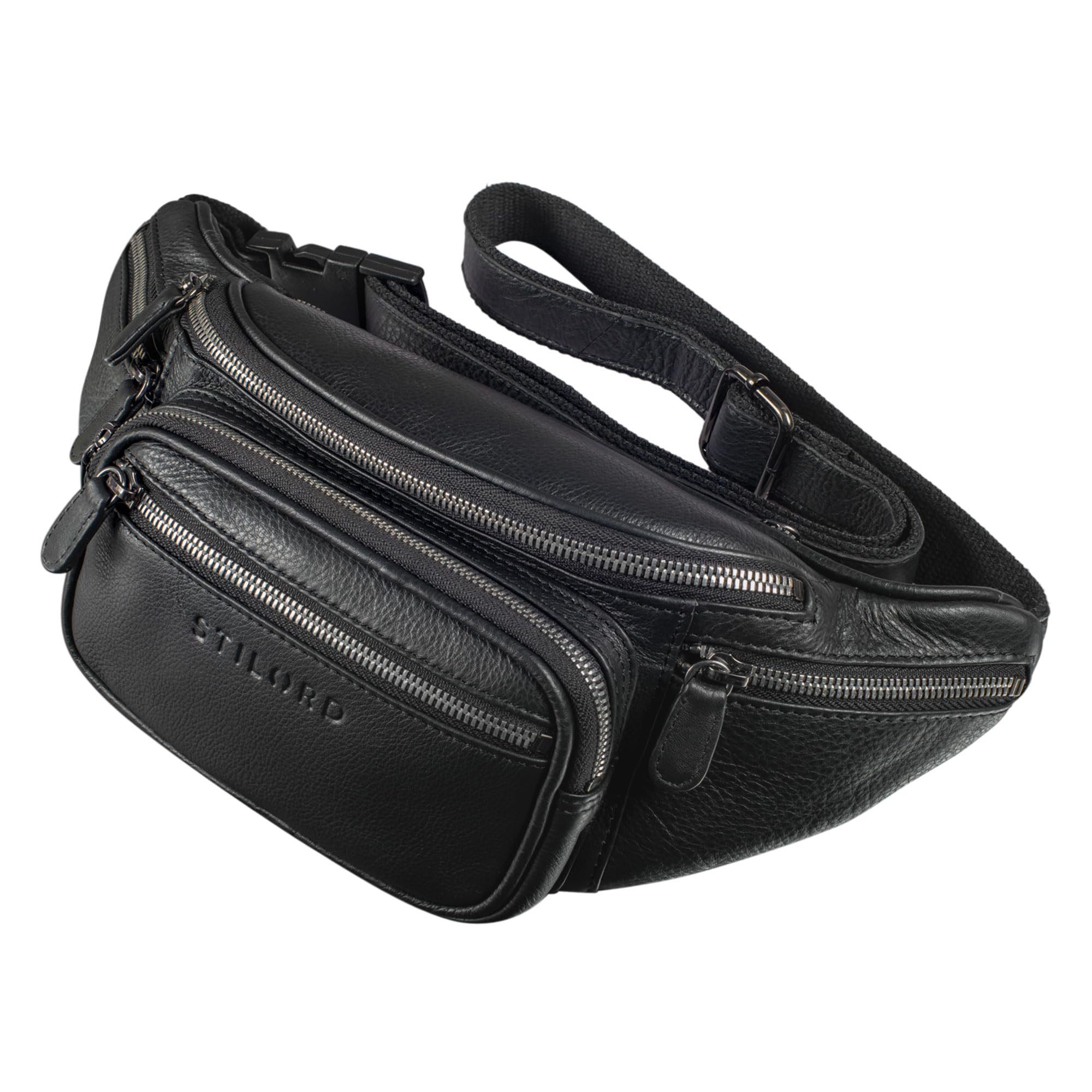 STILORD "Caspar" Large Leather Fanny Pack – Vintage Belt Bag for Men & Women, Crossbody Bag for Running, Festivals & Travel – Real Leather Waist Bag with 6 Compartments Colour:Black