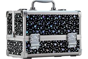 Leeora&Leekoo Makeup Train Case Cosmetic Box Portable Makeup Case Organizer 2 Trays Makeup Storage with Mirror for Cosmetologist Aesthetic Supplies Nail Tech Traveling Makeup Box (Flashing Star)