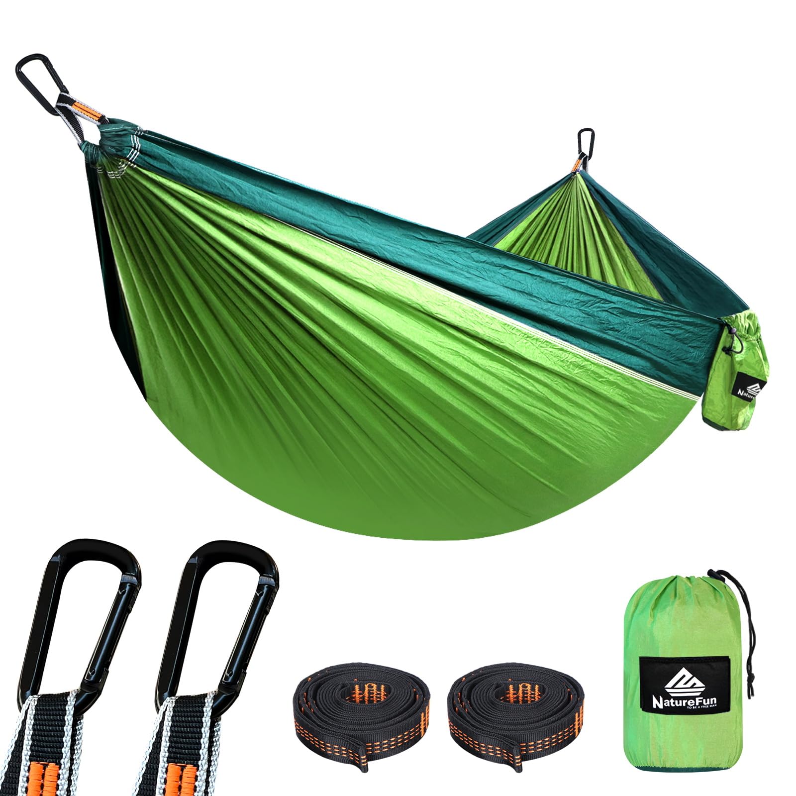 NATUREFUN Ultra-Light Travel Camping Hammock | 300kg Load Capacity,(275 x 140 cm) Breathable,Quick-drying Parachute Nylon | 2 x Premium Carabiners,2 x Nylon Slings Included | Outdoor Indoor Garden
