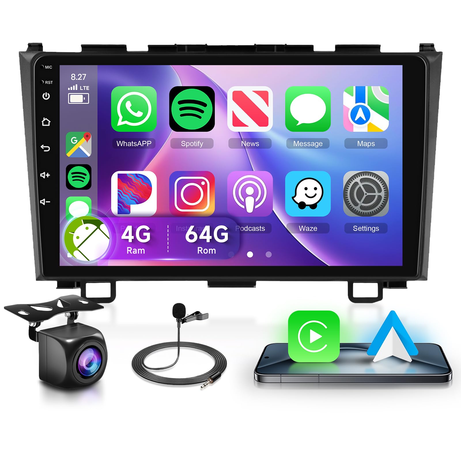 Photo 1 of 4G+64G Car Radio Stereo for Honda CRV 2007-2011 with Wireless CarPlay/Android Auto, 9 Inch 1280 * 720P IPS Touch Screen Android 13 GPS WiFi Bluetooth 32-Band DSP HD Backup Camera
