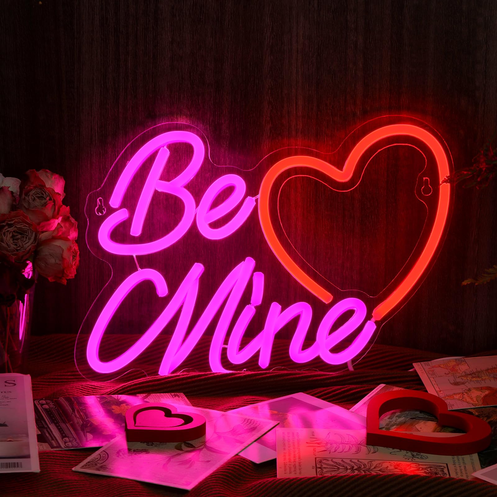 Photo 1 of Huquary Valentine's Day Be Mine Neon Sign Heart Neon Sign 15.8 x 8.9 Inch Valentines LED Window Light USB Powered for Wedding Engagement Wall Art Decor