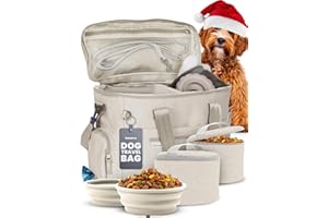 RUBYLOO The Original Doggy Bag™- Dog Travel Bag for Supplies - Ultimate Gift for Dog Moms & Dads, Doggy Lovers & Pet Owners for Christmas- Includes 2 BPA-Free Travel Bowls and 2 Food Containers: Beige