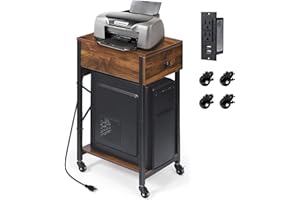 Vrisa Computer Tower Stand with Charging Station, Printer Stand Table with Drawer Storage, CPU Stand with 4 Wheels & Lockable