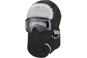 PAMASE Winter Trapper Hat for Men - Windproof Warm Fleece Men's Hat with Removable Face Mask Goggles Ear Flaps, Christmas Winter Gift Black