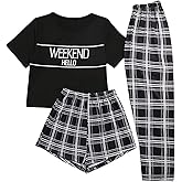 SweatyRocks Women's 3 Piece Plaid Pajama Letter Print Short Sleeve Tee and Shorts Pants Set