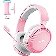 Wireless Gaming Headset, 7.1 Surround Sound, 2.4GHz USB Gaming Headphones with Bluetooth 5.4, 100H Battery, ENC Noise Canceling Mic, RGB Light, Wireless Headset for PC PS5 PS4 Mac Switch (Gray-Pink)