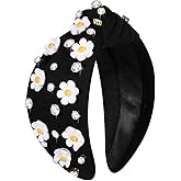 NVENF Flower Headbands for Women Spring Summer Floral Knotted Headbands Crystal Rhinestone White Pink Wide Top Knot Headband Beach Summer Hair Accessories Outfits Gifts (Flower B - Black)