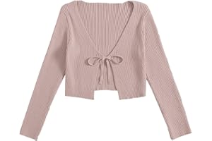Floerns Women's Tie Front Long Sleeve Rib Knit Shrug Sweaters Cardigan Crop Top