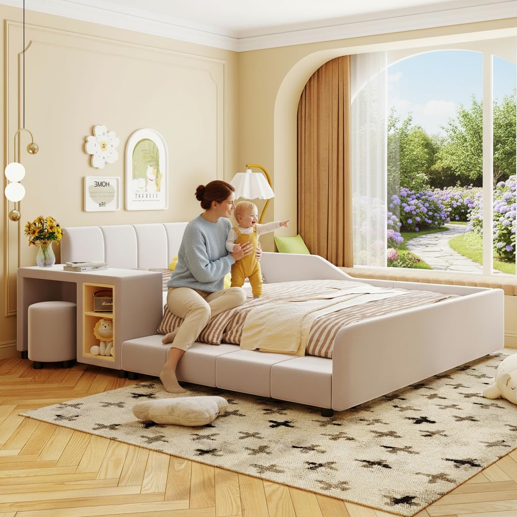 Photo 1 of **UNTESTED**
Merax Full Size Velvet Bed Frames Upholstered Grounded Bed, Wooden Mother & Child Bed with Bedside Desk and Little Round Stool,Kids Adults Bedroom Floor Platform Bed,Beige