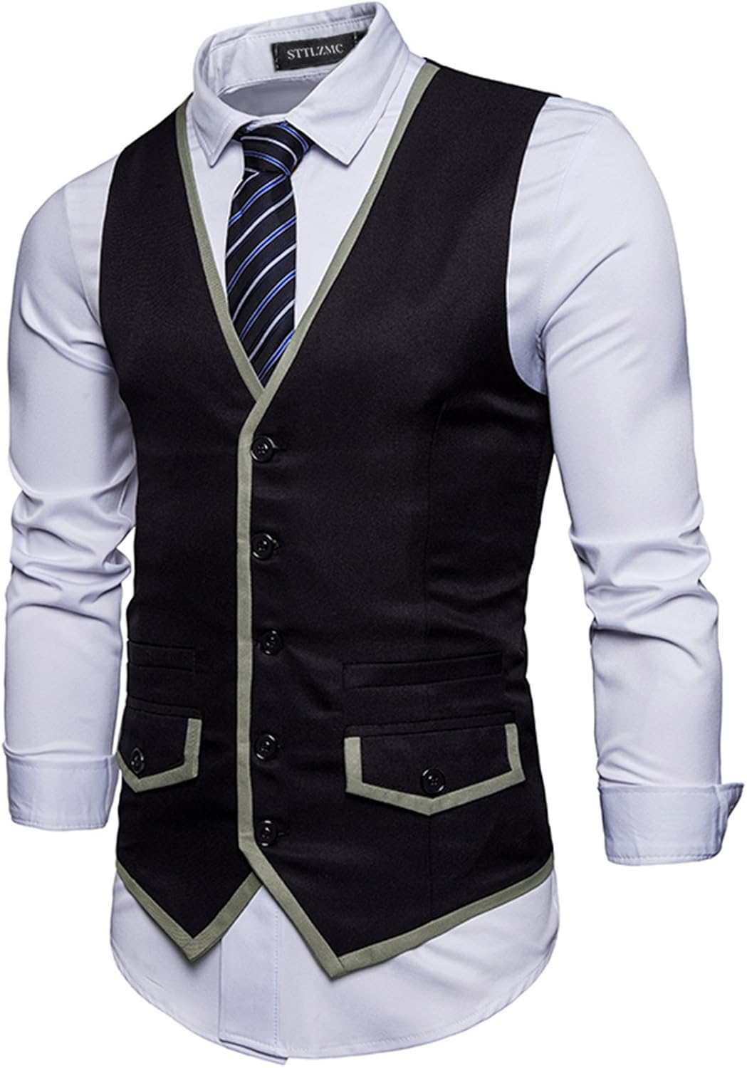 STTLZMC Mens Vest Contrasting Colors VNeck Sleeveless Slim Dress