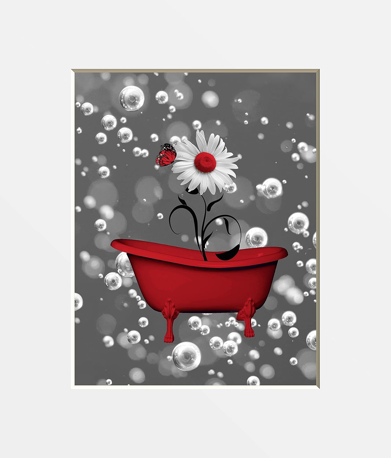 Photographs - Red Bathroom Decor, Daisy Flowers Bubbles Tub 8x10 Print with 11x14 Mat Bath Red Wall Art Picture