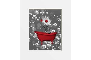 LITTLEPIECREATIONS Red Bathroom Decor, Daisy Flowers Bubbles Tub 8x10 Print with 11x14 Mat Bath Red Wall Art Picture